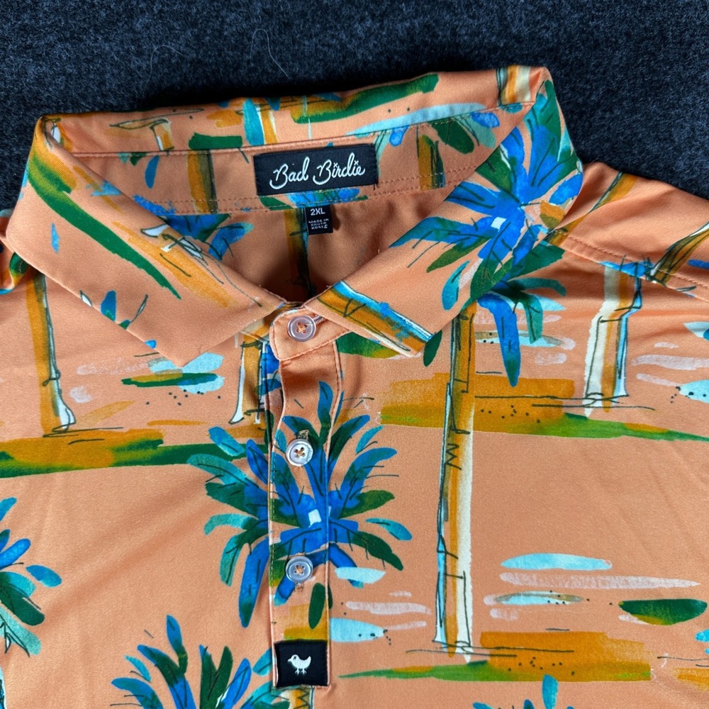 Bad Birdie Mens 2XL Golf Polo Shirt Orange Tropical Palm Tree Print Performance